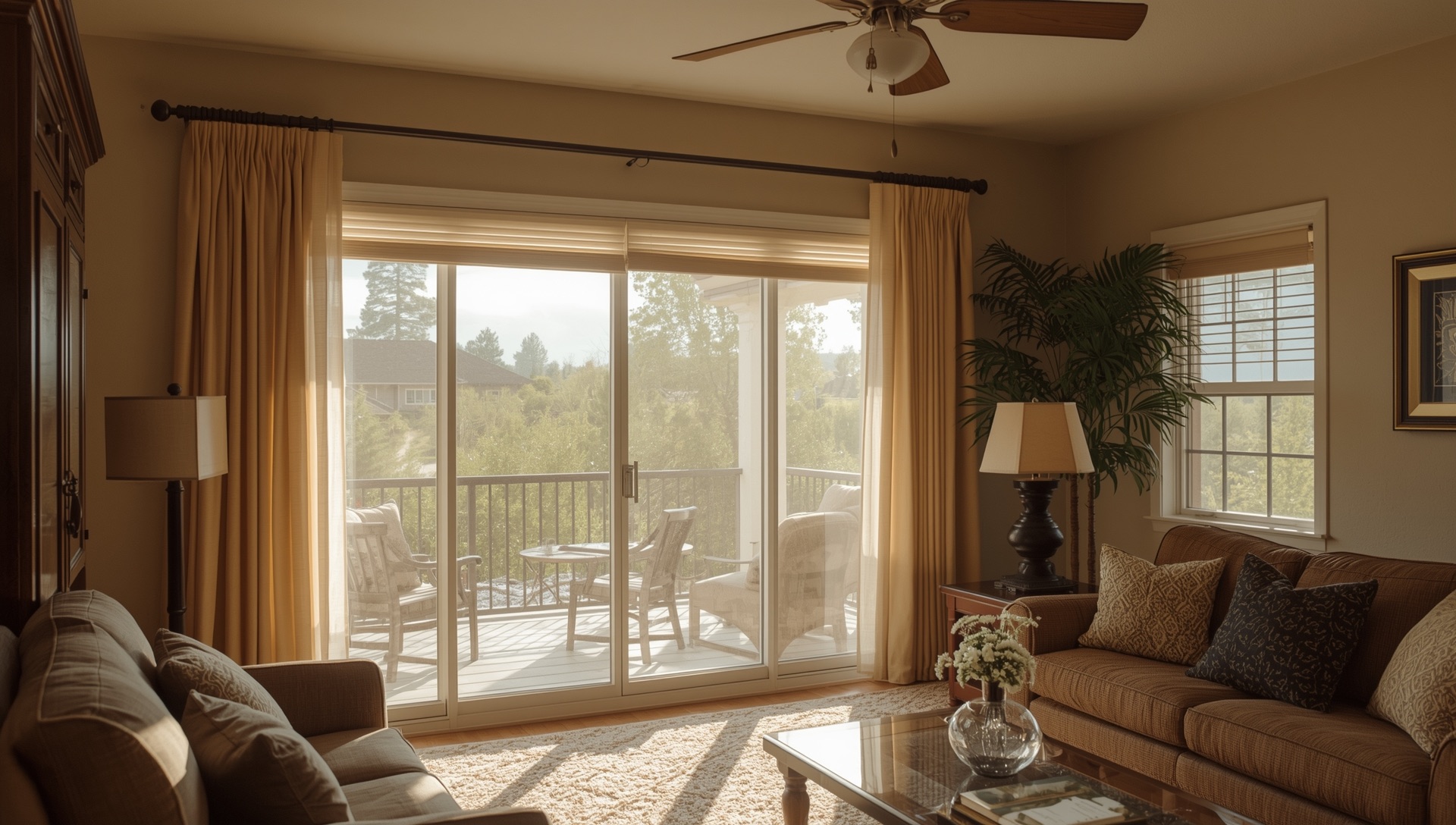 Closed blinds and light-colored curtains blocking sunlight in a Central Valley living room to reduce indoor heat.