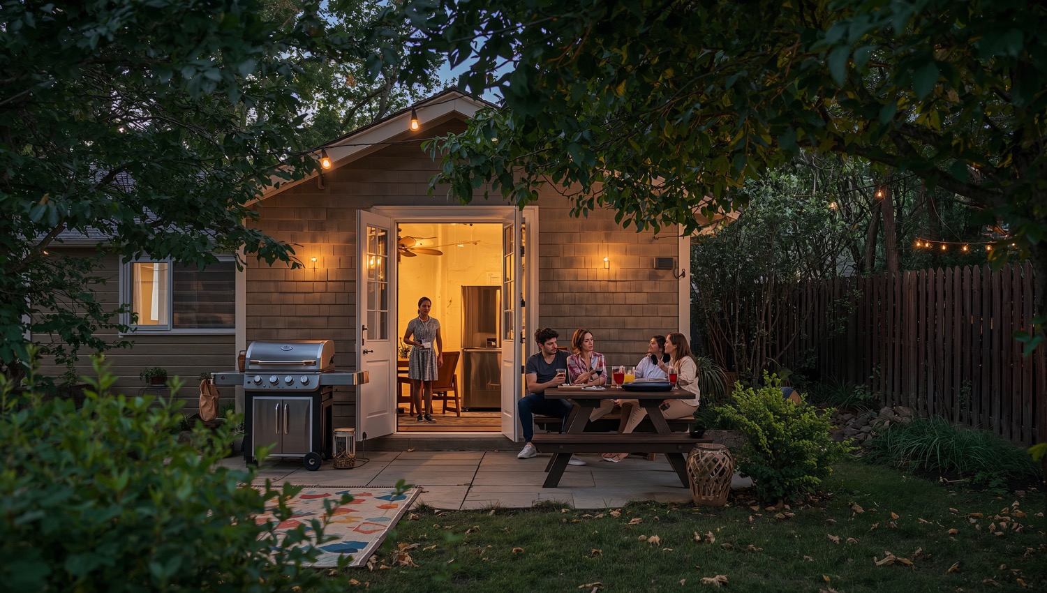 Evening backyard grilling scene with a shaded patio and cold drinks, helping reduce indoor heat buildup.