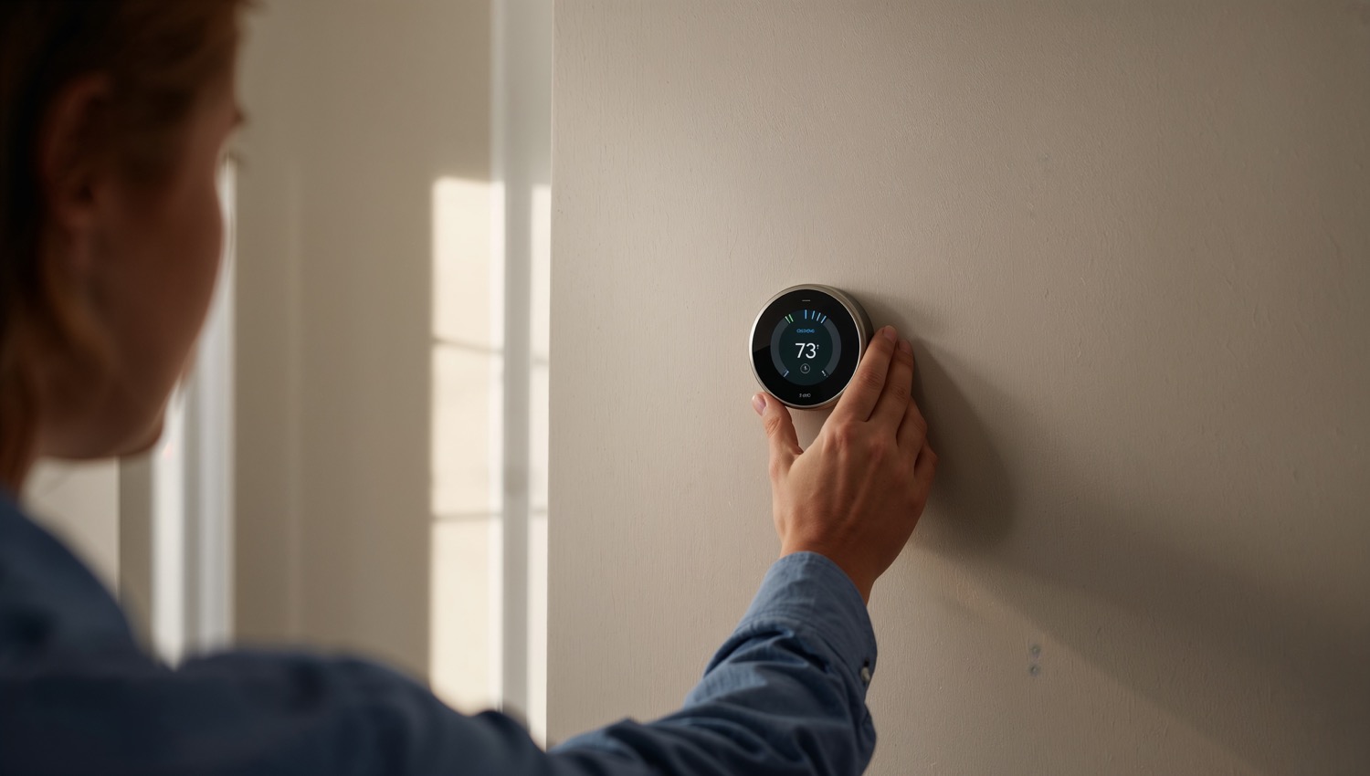 Modern smart thermostat mounted in a shaded hallway, displaying a cooling schedule for energy efficiency.