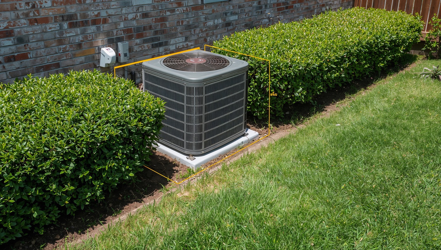 Outdoor AC unit with cleared space surrounded by neatly trimmed bushes and lawn.