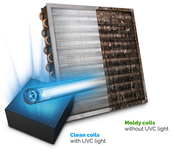 Close-up of an APCO UV light installed in an HVAC system to improve air quality by reducing odors and contaminants