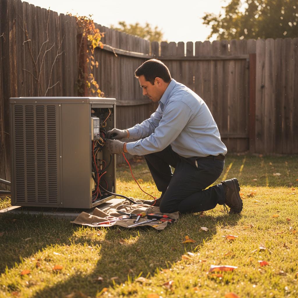 Outdoor AC unit with cleared space surrounded by neatly trimmed bushes and lawn.