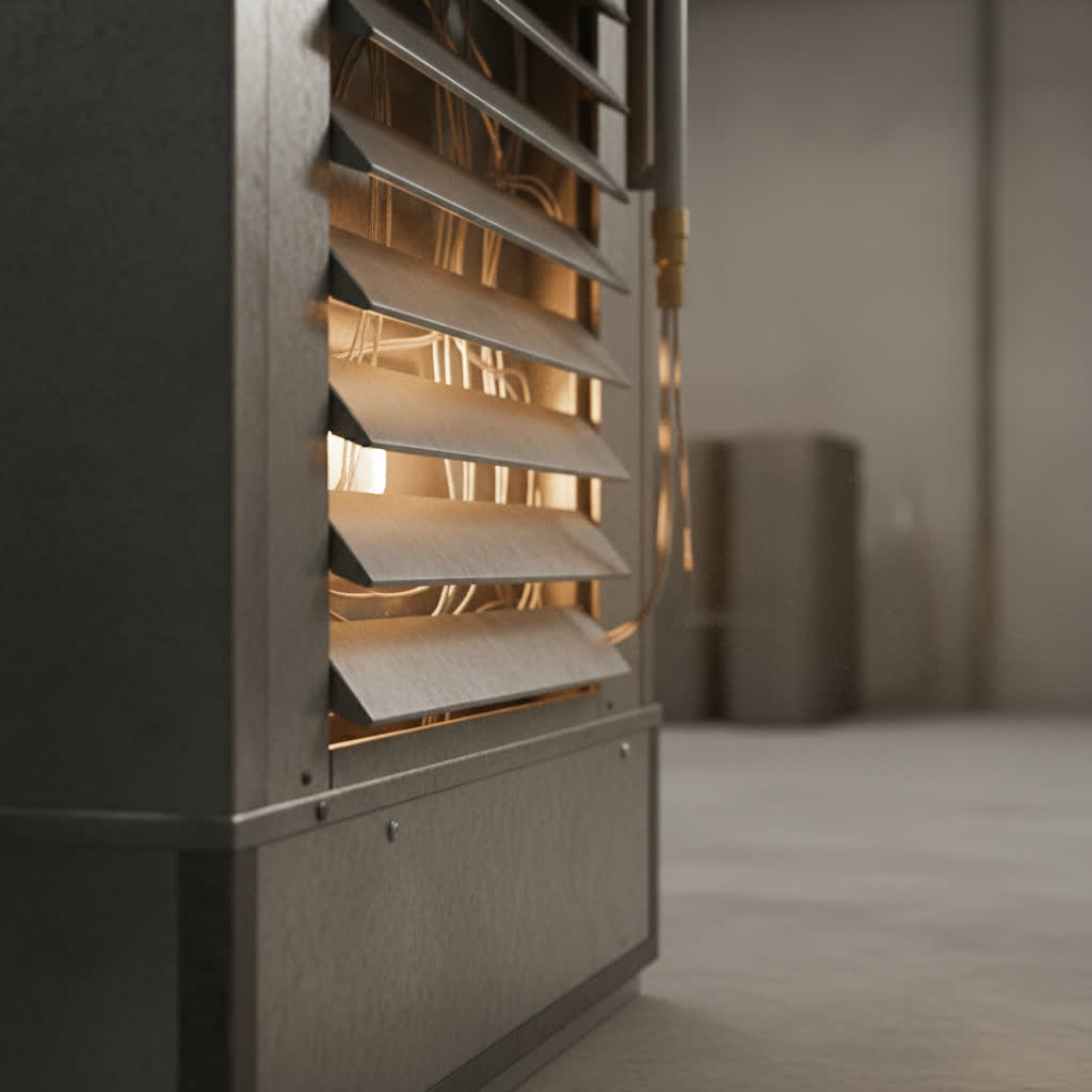 Close-up of a warm-air heating vent in Fresno showing subtle heat waves and dust detail.