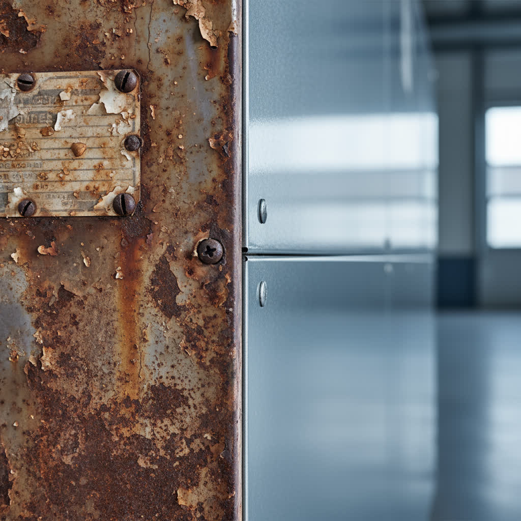 Close-up detail comparing worn furnace metal with new high-efficiency surface in Fresno home.
