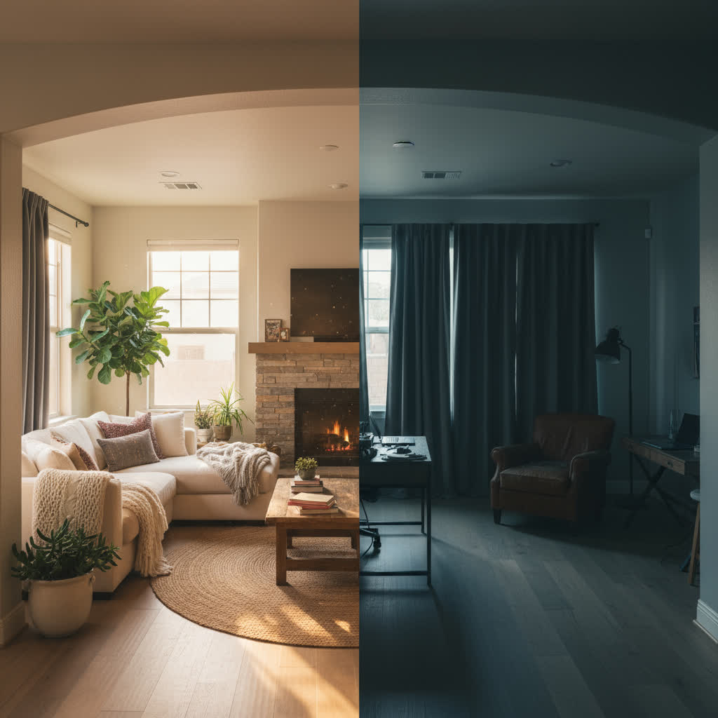 Close-up detail of uneven heating in a Fresno home showing warm light in one area and cool shadows in another.